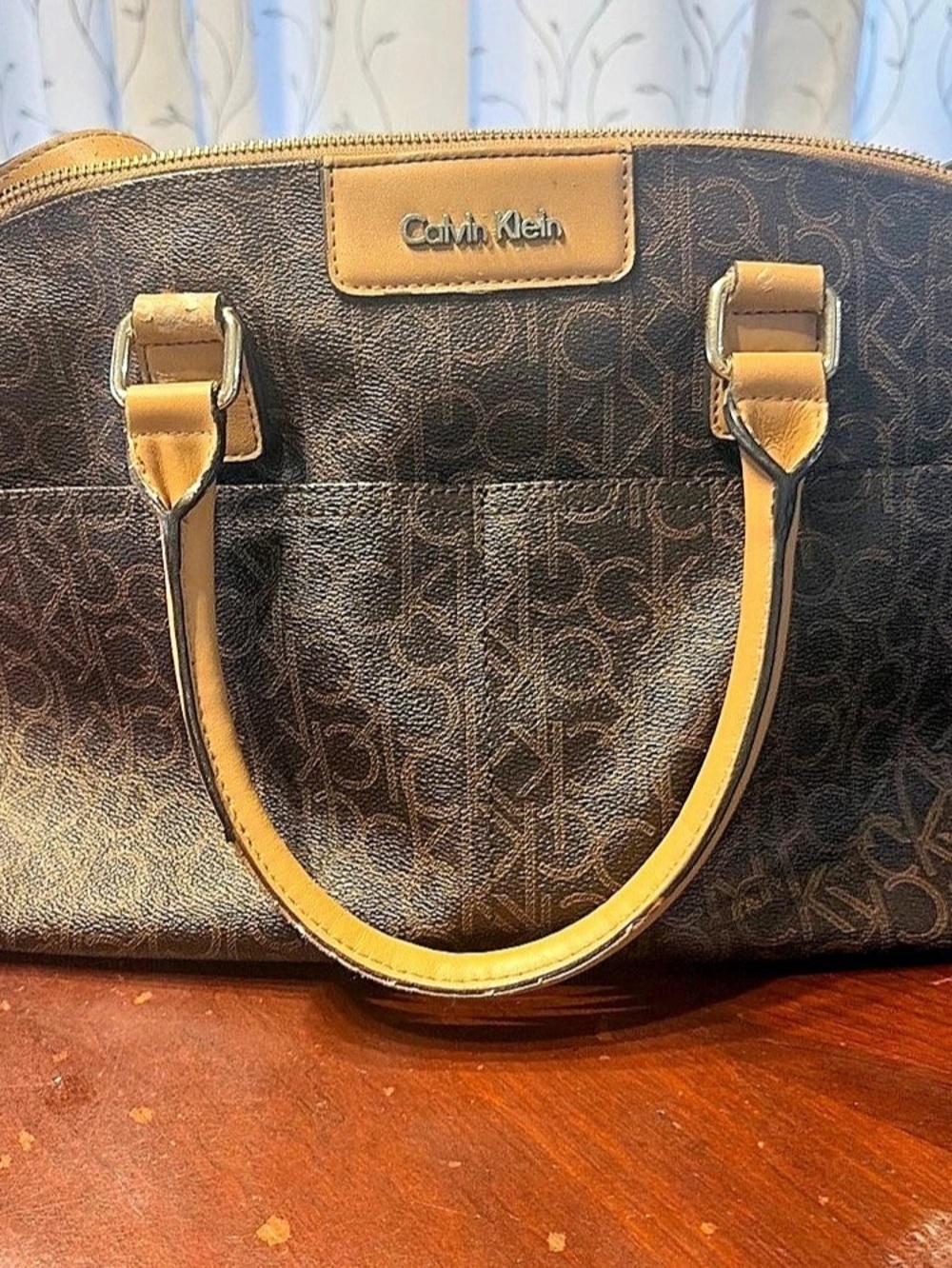 Calvin Klein Monogram Satchel in Brown & Tan